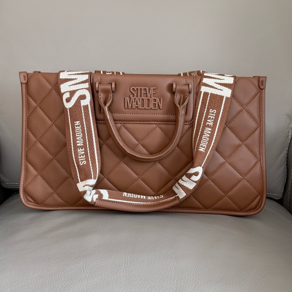 Steve Madden Tan Quilted Tote with Logo Straps